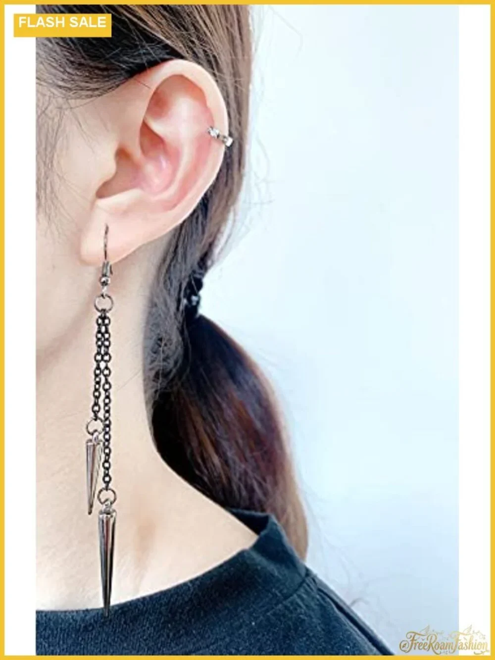 Asymmetric Black Spike Threader Drop Dangle Earrings for Women Men Punk Long